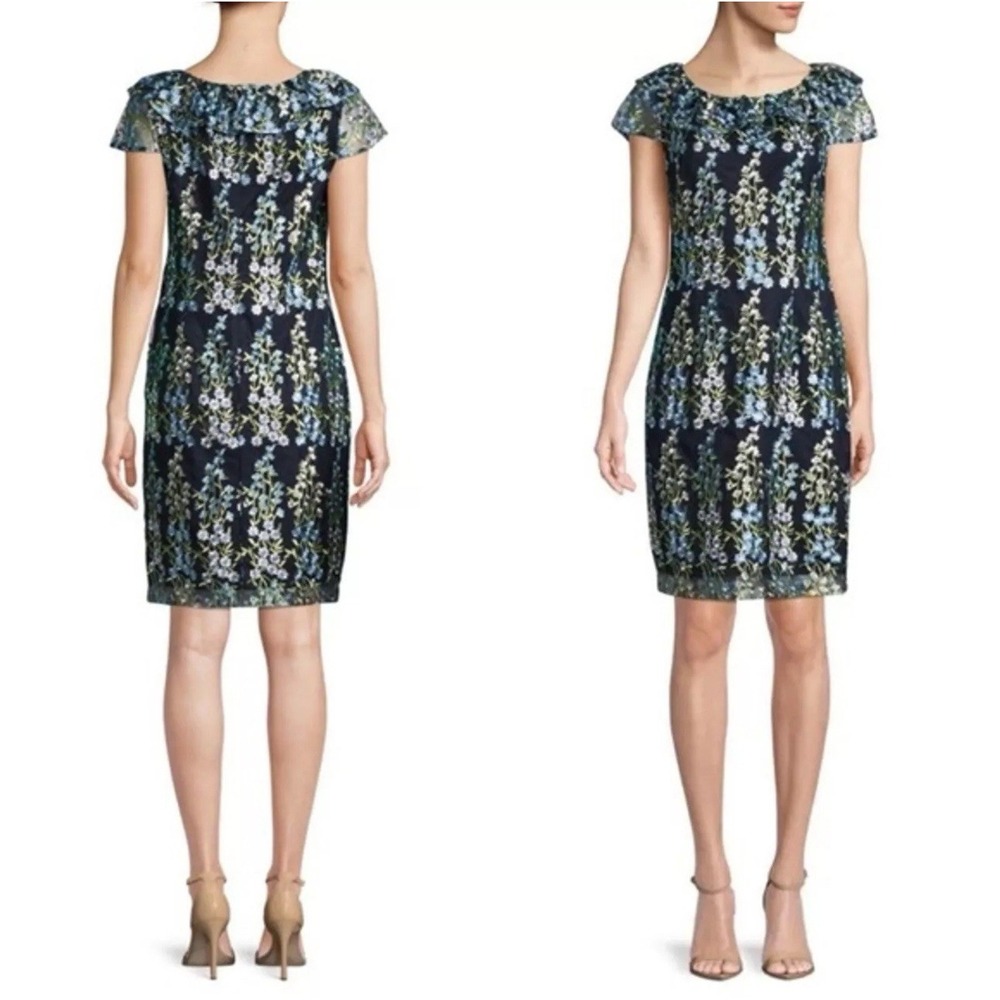 Karl Lagerfeld Dress Size 10 Floral Embroidered Boatneck Navy Blue Wedding Guesr